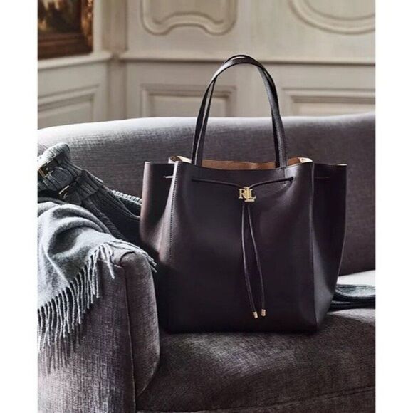 Lauren Ralph Lauren Andie Large Leather Drawstring Tote in Black, New - Picture 15 of 16